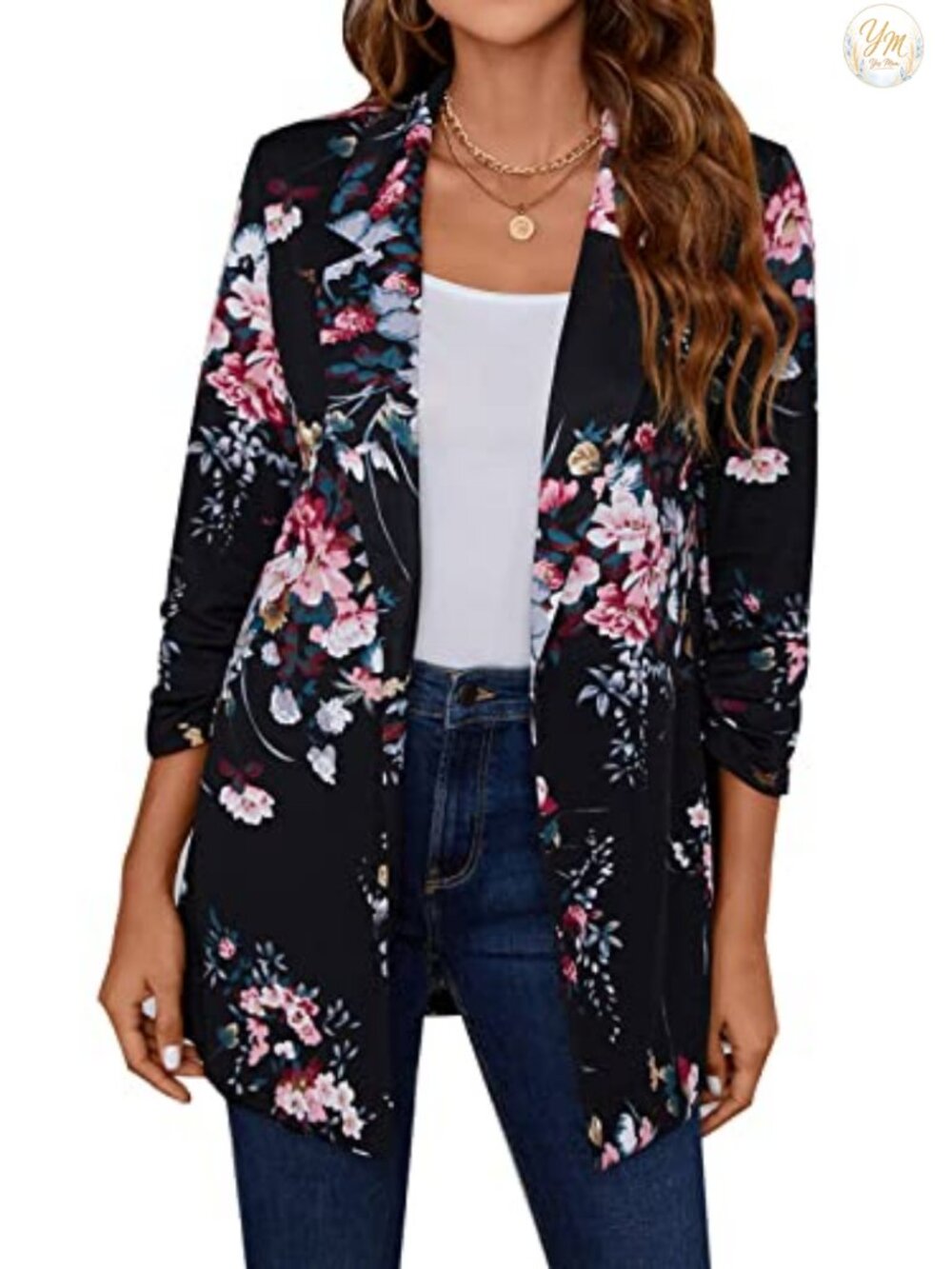 Women's 3/4 Sleeve Blazer Notch Lapel One Button Long Jacket Lightweight